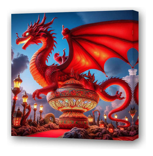 Cuadro 45x45cm Dragon Rojo Lampara Maravillosa Arabe M1