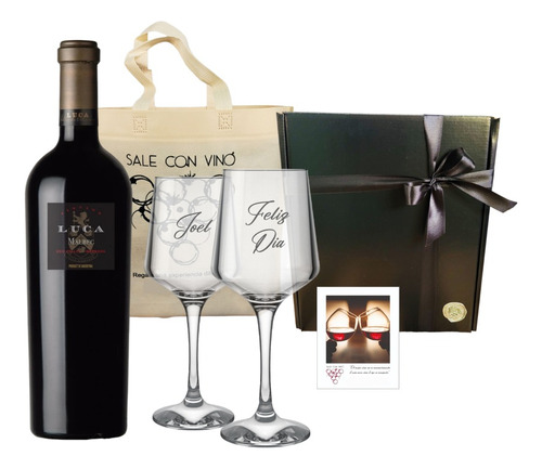  Box Vino Luca Malbec + 2 Copas Vidrio Grabadas Regalo Caja