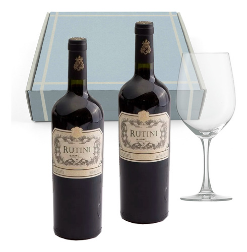 Caja Regalo Rutini Malbec X2 + Copas Cristal X1