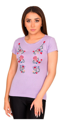 Camiseta Moda Bordado Flores Asiáticas Mujer V821