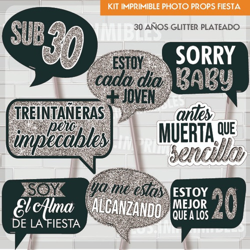 Imprimible Photoprops Cartelito Cumple 30 Años Simil Glitter Plateado Glitter