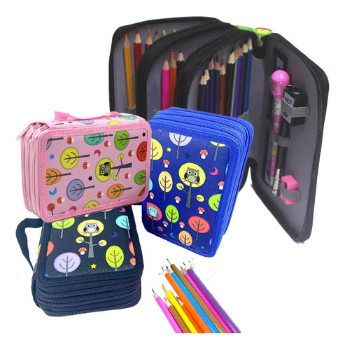 Lapicera Estuche Organizador 3 Cierres 55 Lapices Impermeabl Color Negro