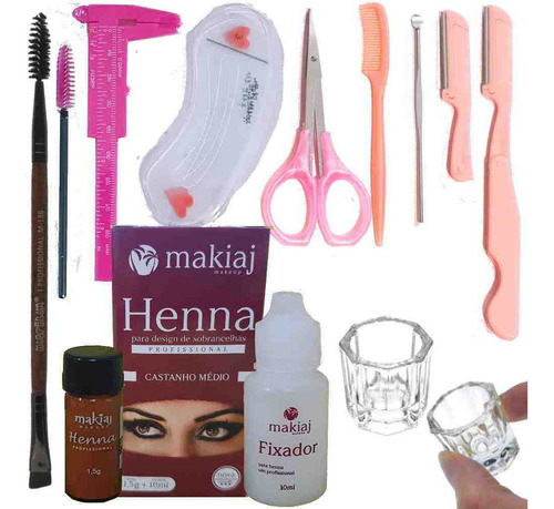 Kit Sobrancelha Henna Makiaj 13 Itens Paq Navalha Pincel Dap Cor Castanho Médio