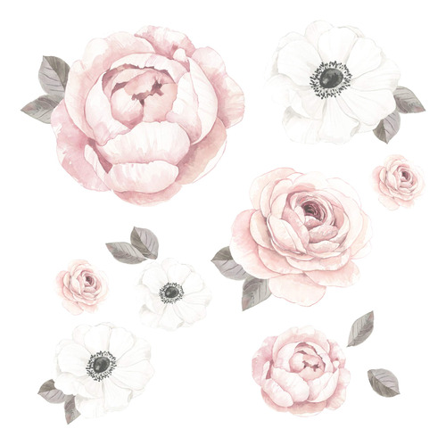 Calcomanías De Pared De Flores Acuarela Rosas Y Blancas Jard