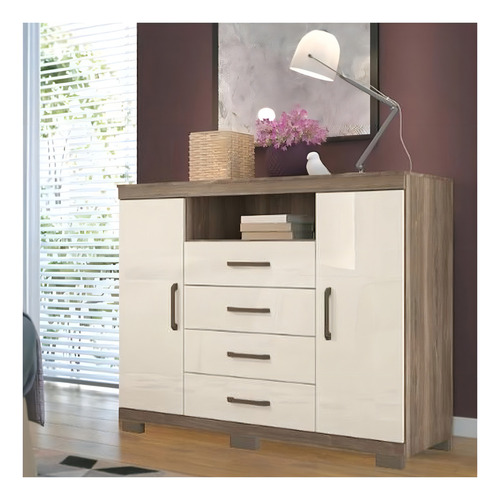 Cómoda de dormitorio con 2 puertas y 4 cajones Master Brown/OFF Wh