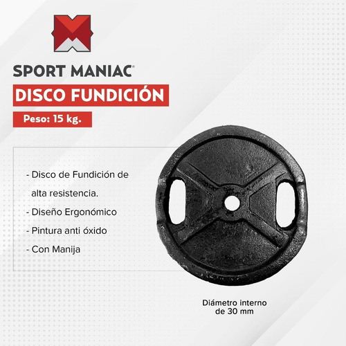 Imagen 2 de 3 de Pesa Disco 15 Kg De Fundición De 30 Mm Sport Maniac