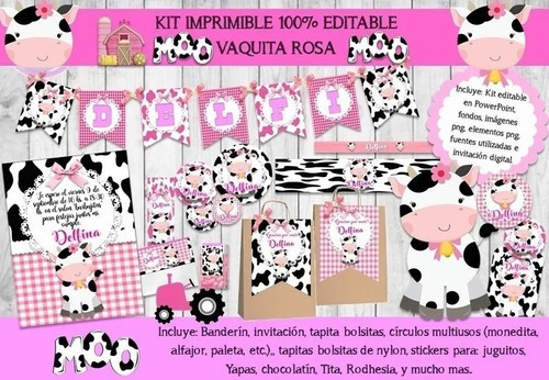 Kit Imprimible Candy Bar Vaca Vaquita Rosa 100% Editable Ppt