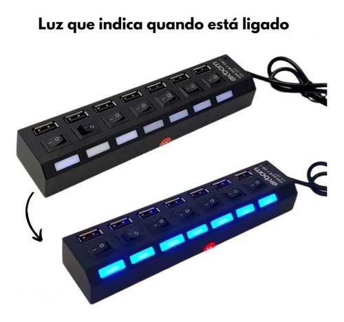 Hub 7 Portas Usb 2.0 Led C/ Chave Seletora Entrada P/ Fonte