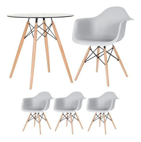 Mesa Redonda De Vidro Eames 70 Cm + 3 Cadeiras Eiffel Daw Cor Cinza-claro