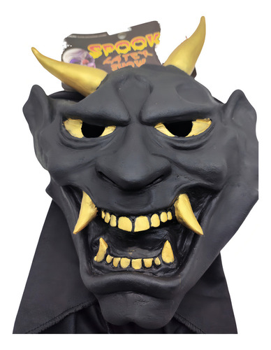 Máscara De Latex Japonês Samurai C/ Dente E Chifre Dourado Cor Preto Diabo Preto
