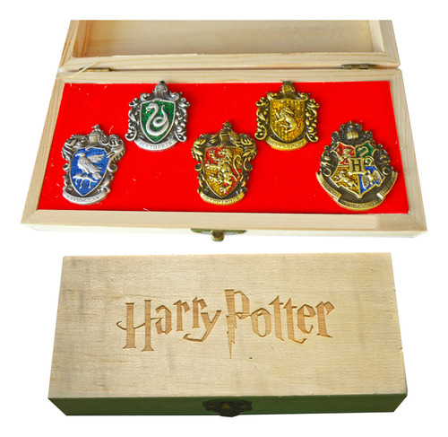 Harry Potter Set De Lujo Pines Escudos Broches Caja Madera