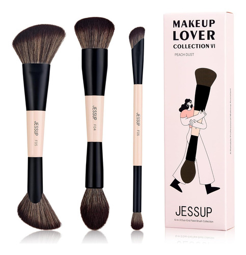Jessup Brochas De Maquillaje 6 En 3 Brochas De Doble Punta Color Rosa