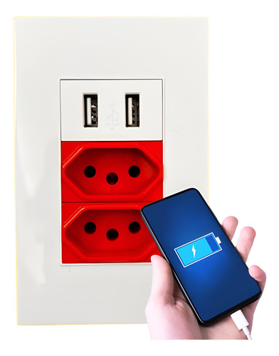 Tomada Dupla Bivolt Com Usb Carregador Turbo Vermelho 20a