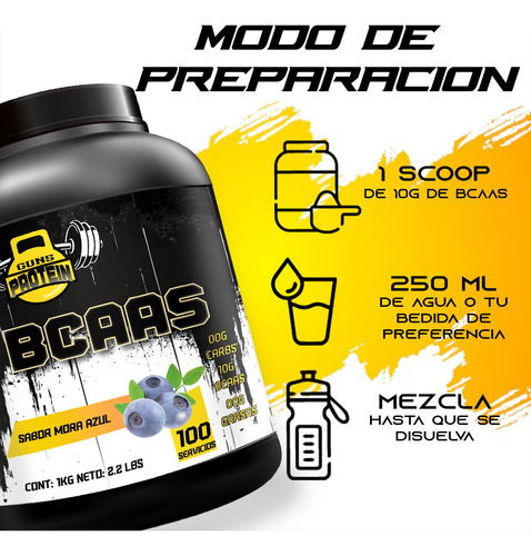 Aminoácidos Bcaas Guns 1 Kg Sabores 100servicios Pre Entreno Mora Azul