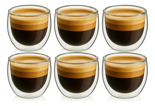 Set 6 Tazas Espresso Doble Pared 80ml Frio Caliente Sin Asa Transparente