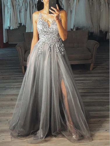 Imagen 5 de 6 de Vestido Fiesta Graduacion Gris Brillante Espalda Abierta