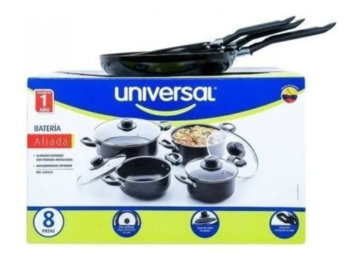 Imagen 5 de 5 de Batería Ollas Universal 8 Piezas Tapa Vidrio Mas 3 Sartenes