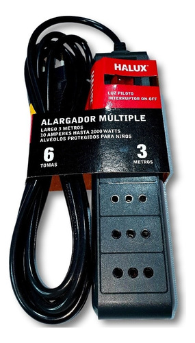 Alargador 6 Tomas Con Interruptor On Off 3 Metros Negro