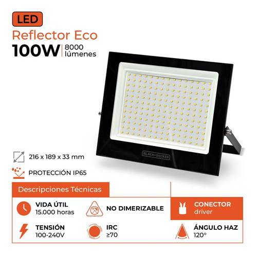 Reflector Led Exterior 100w Canchas Futbol Black+decker Negro Pack X10 Calida