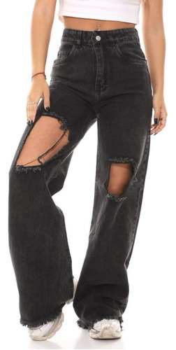 Wide Leg Jean Negro Lilith  Con Roturas Grande Tendencia