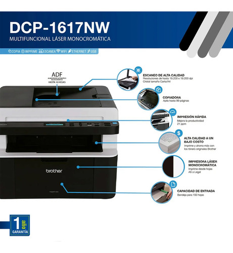 Impresora Láser B/n Brother Dcp-1617nw Wifi Red Adf Usb
