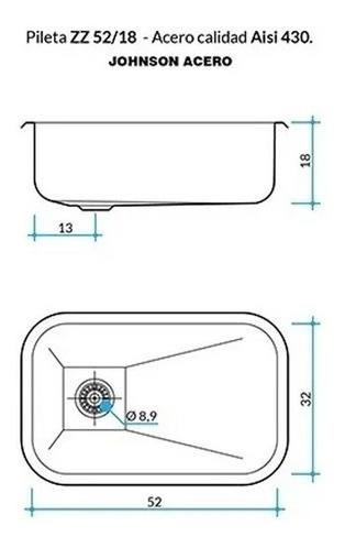 Imagen 2 de 3 de Bacha Cocina Simple Zz52/18 Johnson 52x32x18 Acero Inoxidable