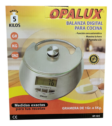 Balanza Digital Gramera Para Cocina Opalux 1g A 5kg C/reloj