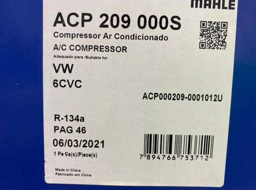 Imagem 2 de 3 de Compressor Ar Cond Golf 2001 2002 2003 2004 2005 2006 2007
