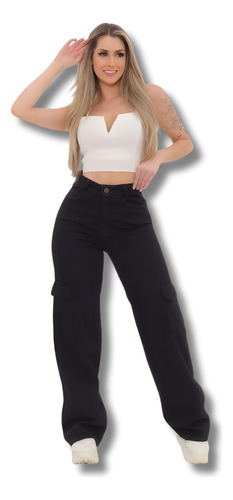 Calça Wide Leg Jeans Pantalona Feminina Cargo Preto