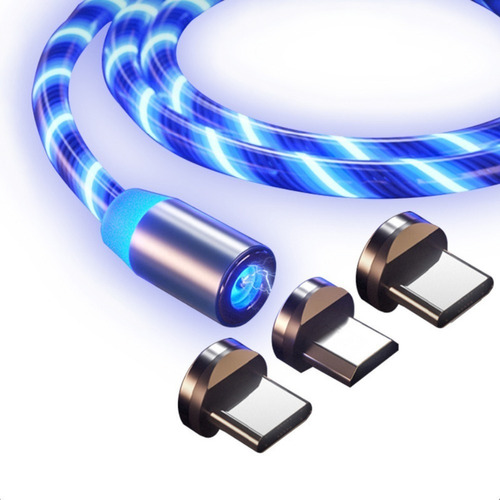 Cargador Usb Magnético 3 En 1 Cable Con Luz Luminosa Color Azul