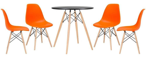 Kit Mesa Jantar Eames Wood 70 Cm 4 Cadeiras Eiffel Cores Cor da tampa Mesa preto com cadeiras laranja