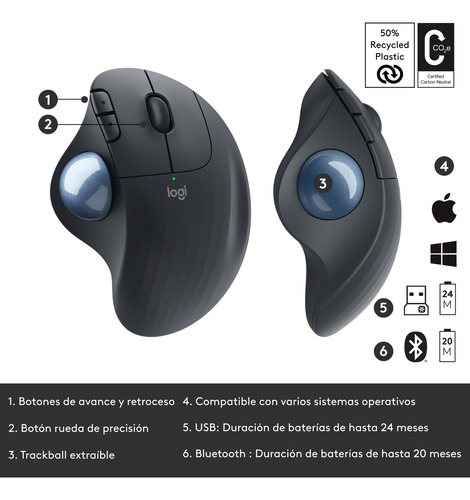 Mouse Trackball Inálambrico Logitech Ergo M575s, Grafito