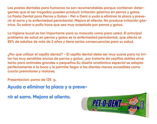 Pasta Dental Perro Gato Pet-o-dent Dientes Limpios Sarro Sabor Pollo