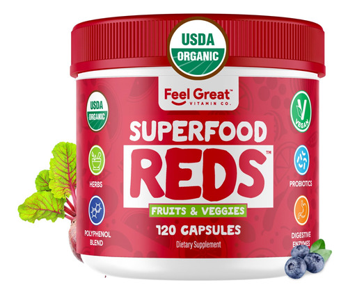 Feel Great Organic Super Reds Powder Superfood Capsulas Supl