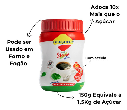 Kit Com 5 Adoçante Lowçucar Plus Com Stévia Em Pó Pote 150g