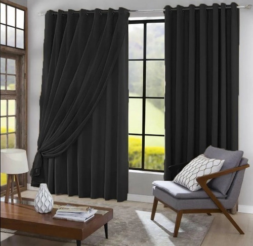 Cortina Blackout Com Voil 4,00x2,50 Para Varão Cor Preto