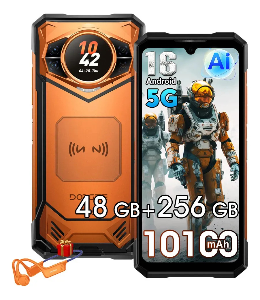 DOOGEE S200E 5G AI Celular Resistente Android 16,Pantalla Trasera Multifunción de 1,32",48GB+256GB/2TB,100MP+20MP Teléfono Robusto,10100mAh 33W,6.72" FHD+120Hz con Auriculares,NFC/Face ID/WiFi6/IP68 N