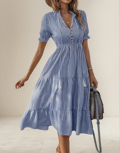 Vestido Camiseiro Feminino Com Decote Em V Casual