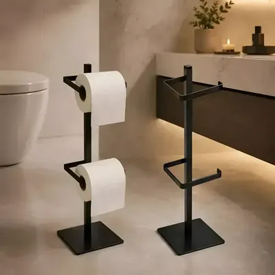 Porta Papel Higiênico Duplo De Chão Banheiro Para 2 Rolos Preto