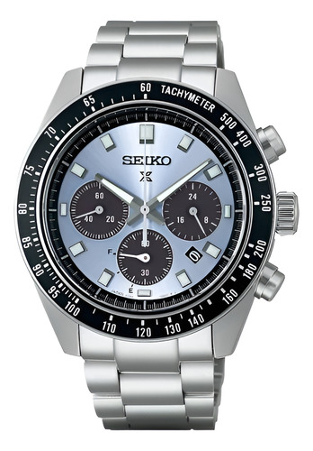 Reloj Seiko Hombre Chrono Prospex Speedtimer Energia Solar Malla Plateado Bisel Negro Fondo Azul Claro