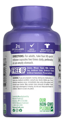 Nature's Truth Suplemento de Complejo de proteína de colágeno múltiple Tipo I, Il, Ill, V, X - 2,000 mg por cada 4 cápsulas, 90 Cápsulas para 22 días