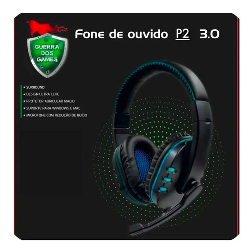 Headset 7.1 Com Fio Stereo Guerra Dos Games Ps4 Ps3 P2 3.0 Cor Preto/azul Luz Azul