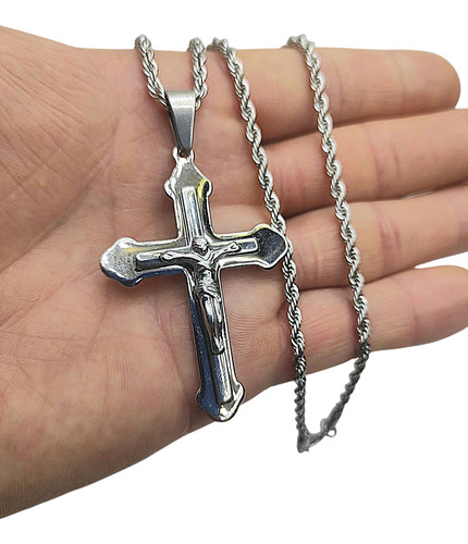 Dije Cruz +cadena +caja De Regalo Plateado