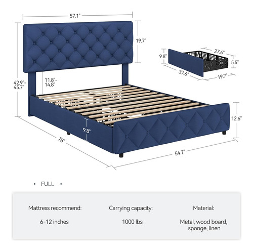 Base De Cama Matrimonial Idealhouse Tapizada En Lino Azul