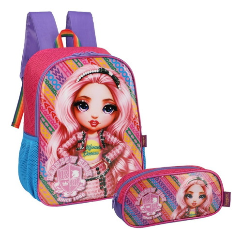 Mochila De Costas Menina Escolar E Estojo Rainbow High Cor Pink