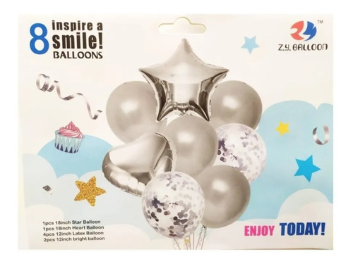 Set De 8 Globos Estrellas Corazones Y Latex Plateado