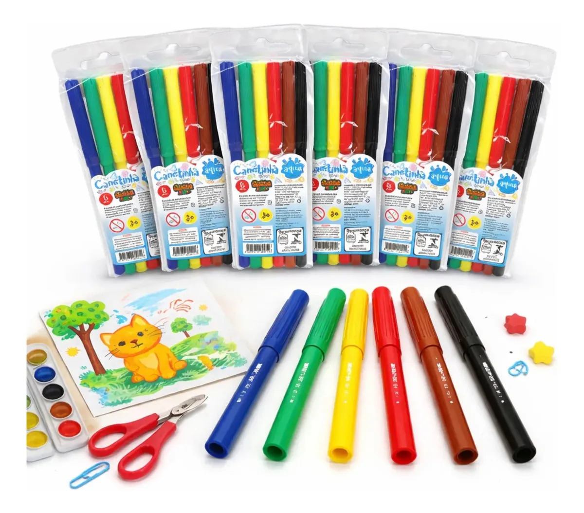 Canetinha Infantil Lavável 6 Cores Hidrográfica Papelaria Sortida