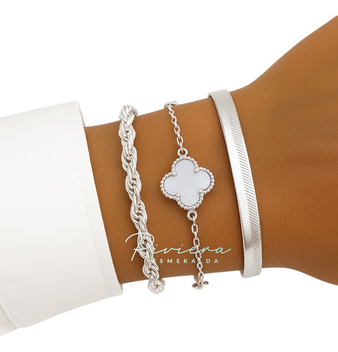 Mix 3 Pulseiras Trevo Trançada Fita Banhada Prata 925 Garant