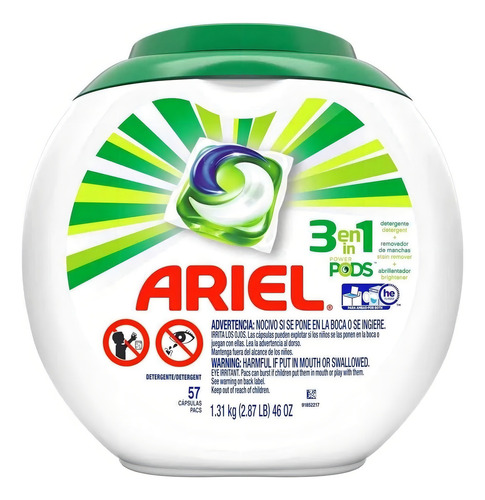 Detergente En Cápsulas Ariel Power Pods 3 En 1 Con 57 Cápsul