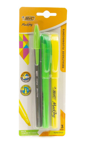 Marcatextos Amarillo Y Verde Mas Pluma Bic 3 Pza